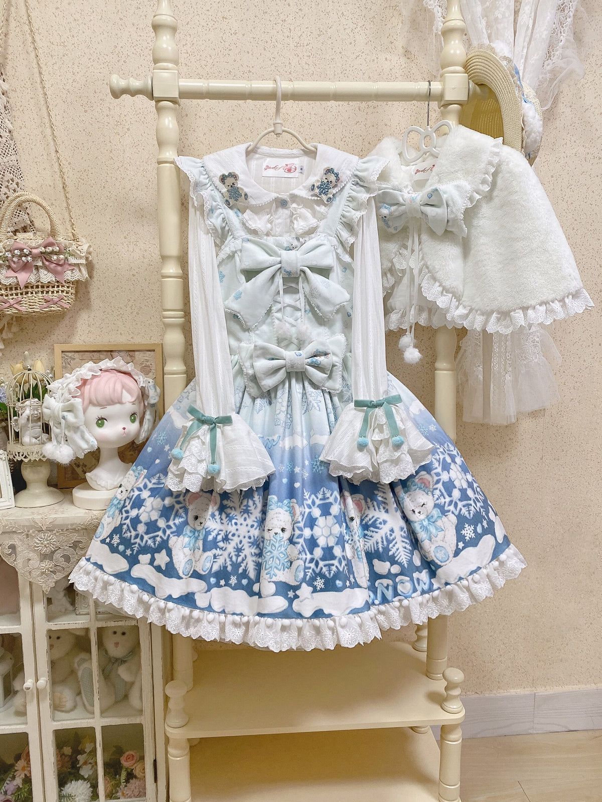 Snowflake Bear White Christmas Plush Lolita JSK Dress Set