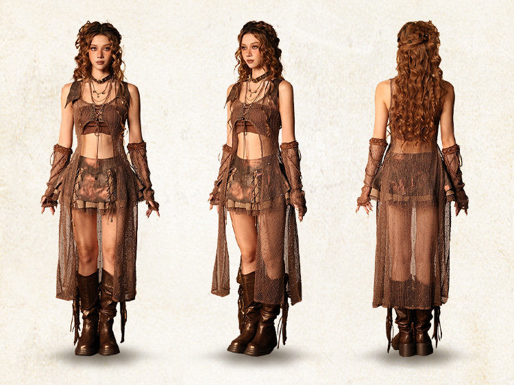 Ember Marks Distressed Foil Lace-Up Layered Mini Skirt with Fishnet Hem