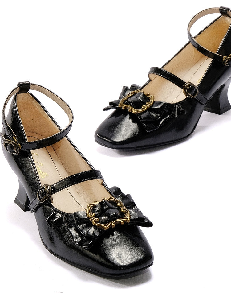 Frame Genuine‑Leather Bow Lace Goblet‑Heel Lolita Shoes