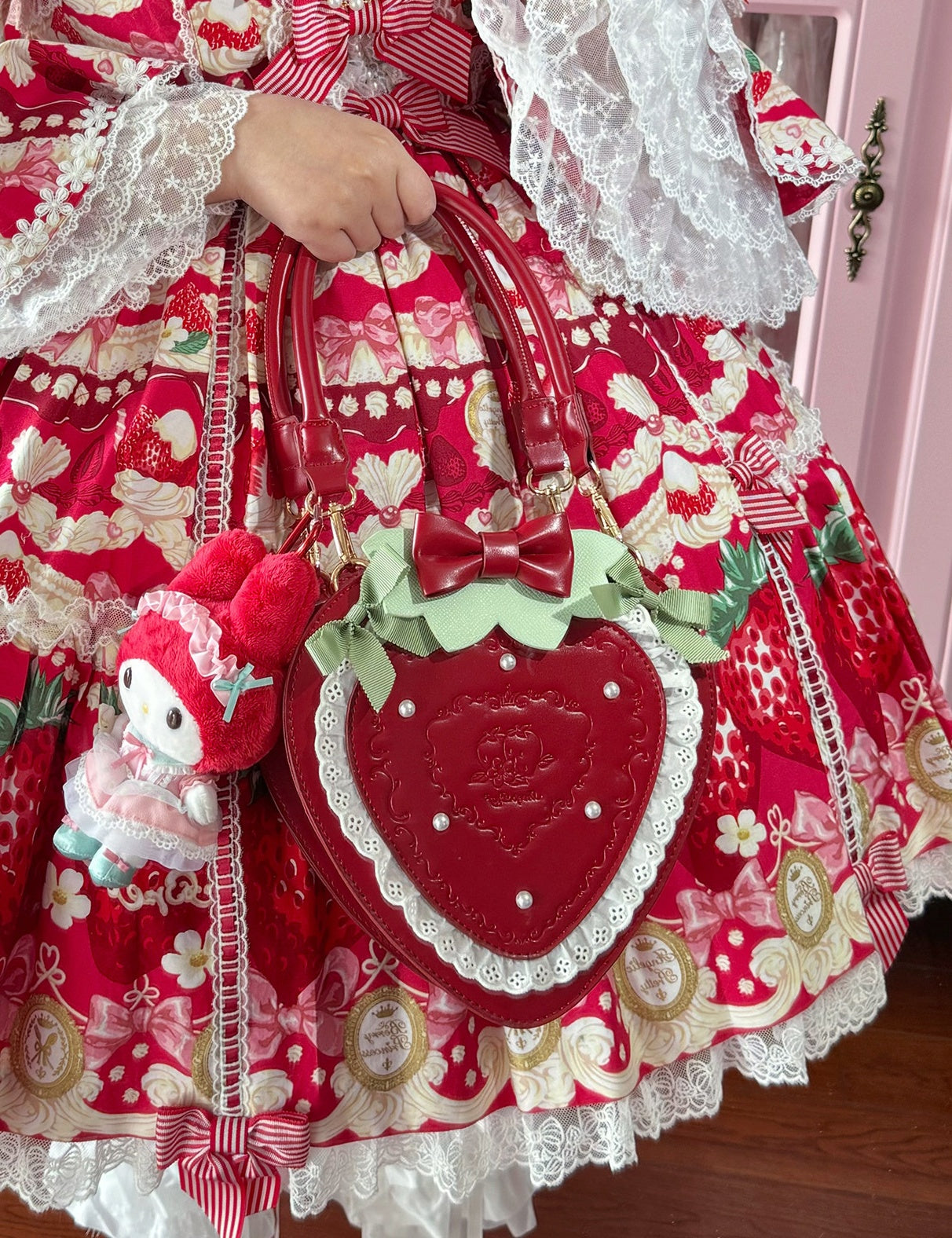 Sweet Strawberry Lolita Handbag With Bow & Lace Trim