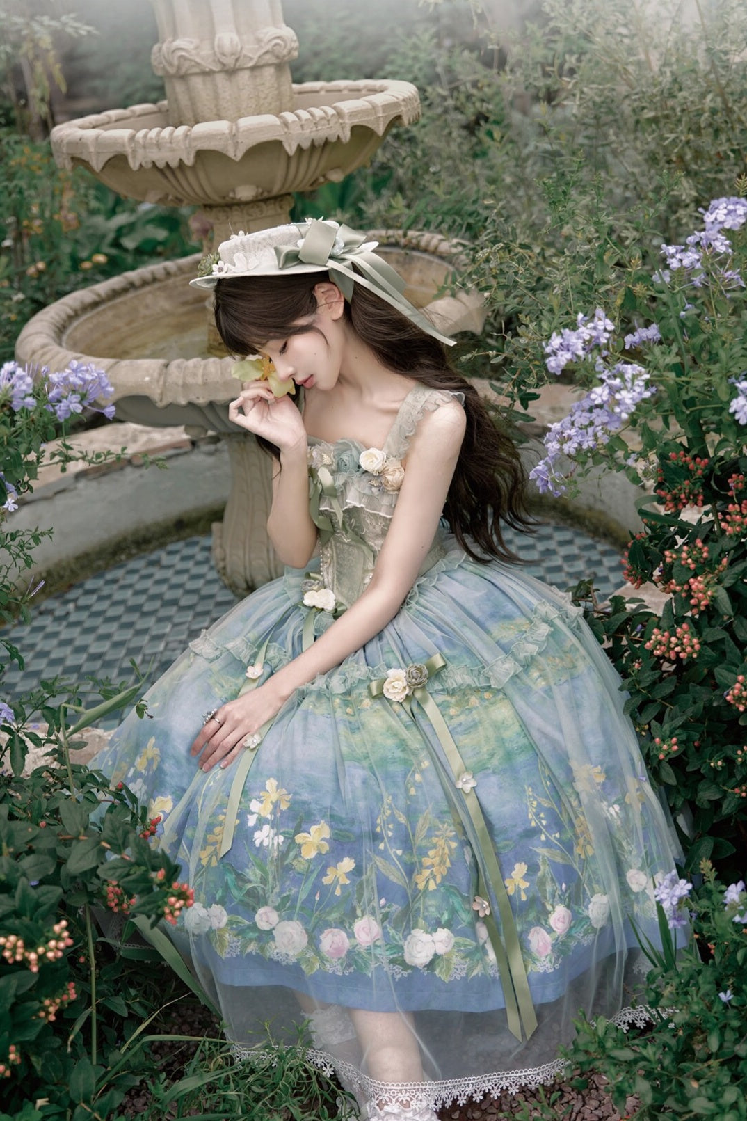 Violet‑Hued Lake Classic Oil‑Painting Printed Tulle Lolita JSK Dress