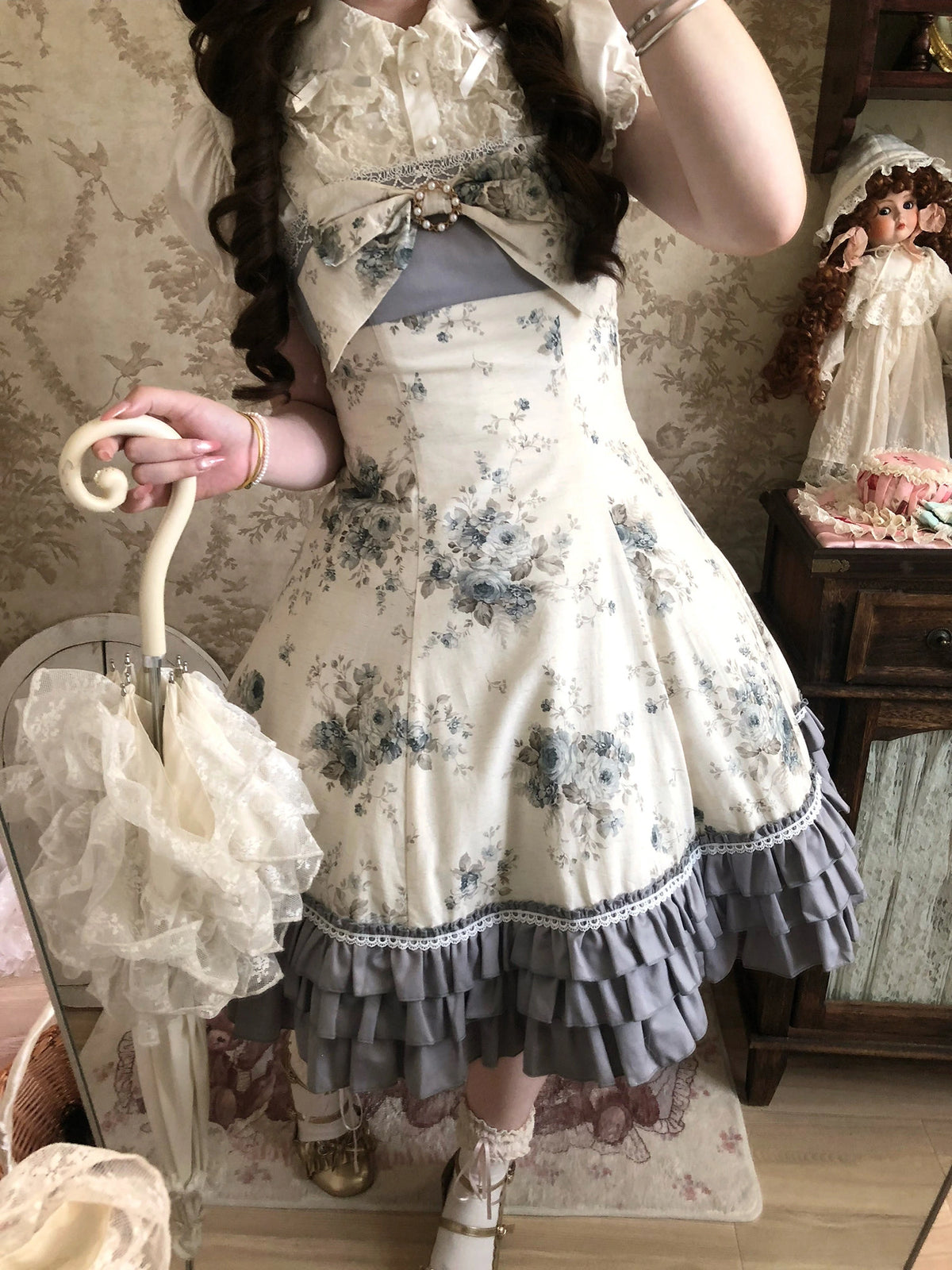 Rose Spring Romance Pink Green Floral Classic Lolita JSK Dress