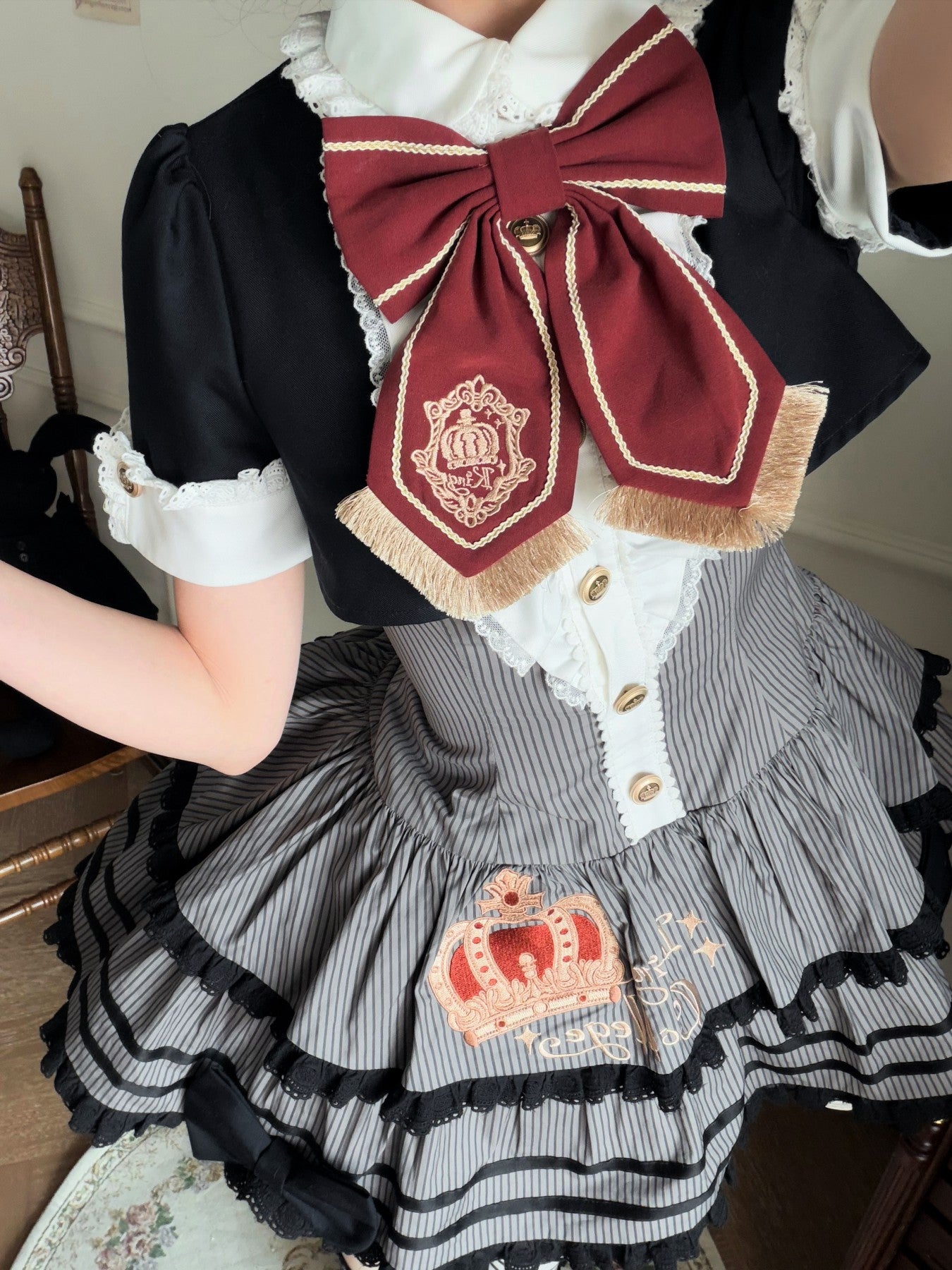 Black Striped Crown Idol Academy Lolita Fake Two-Piece OP Dress