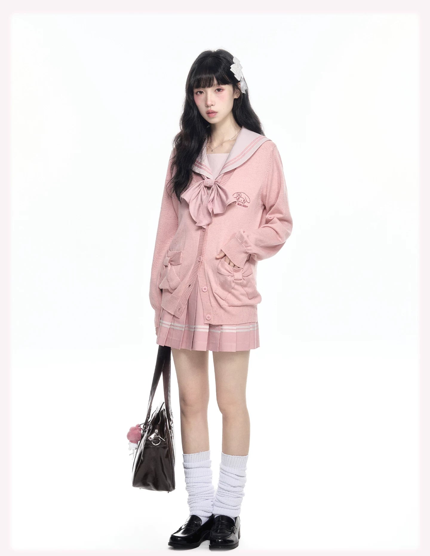 My Melody Pink JK Uniform Knit Cardigan Sailor Top Pleated Skirt Bow Tie Set