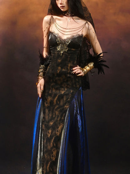 Lolita Gothic Retro style Blue & Gold Flowing Cami Dress LG1001