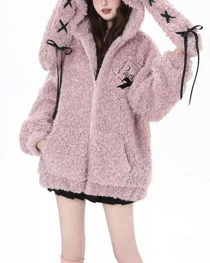 Y2K Sweet Bunny Ear Lambswool Coat LE1026
