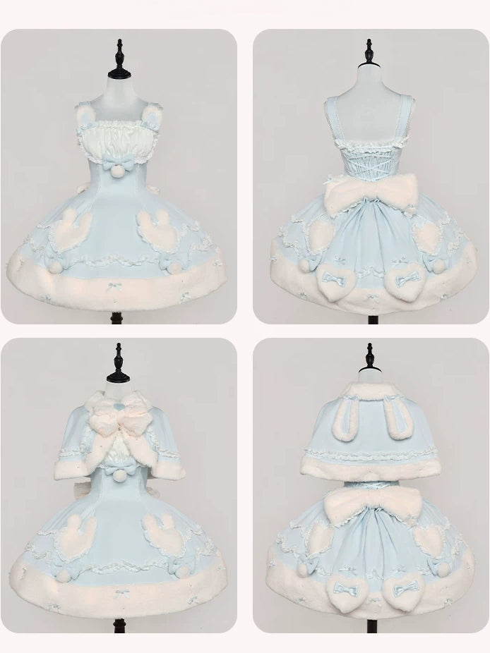 Bunny Ball 1.0 Lolita Winter Doll Style Plush Blue Cape JSK Set