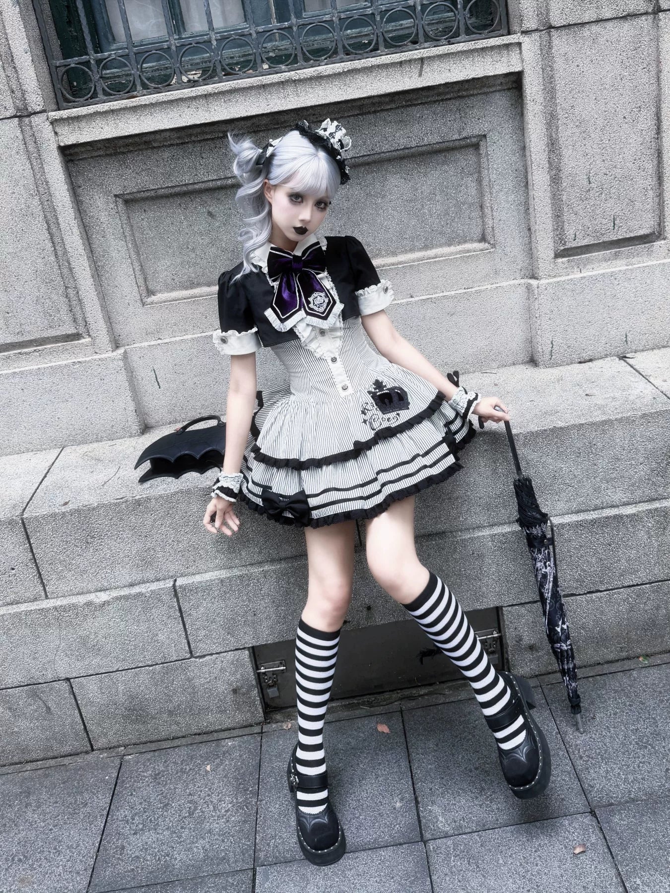 Black & White Crown Lolita Idol Academy Fake Two-Piece OP Dress