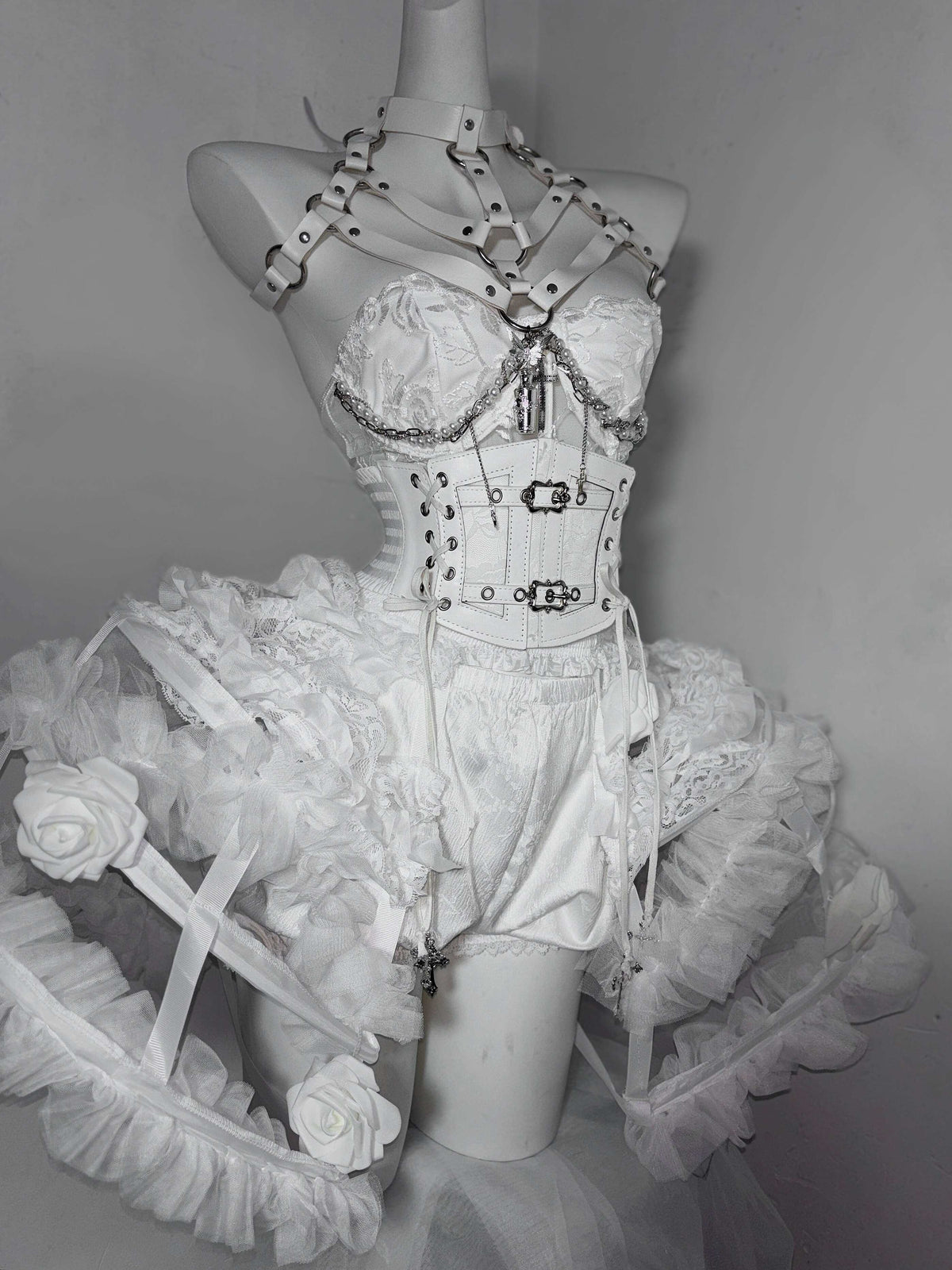 Flower Bud White Rose Gothic Corset & Birdcage Skirt Set