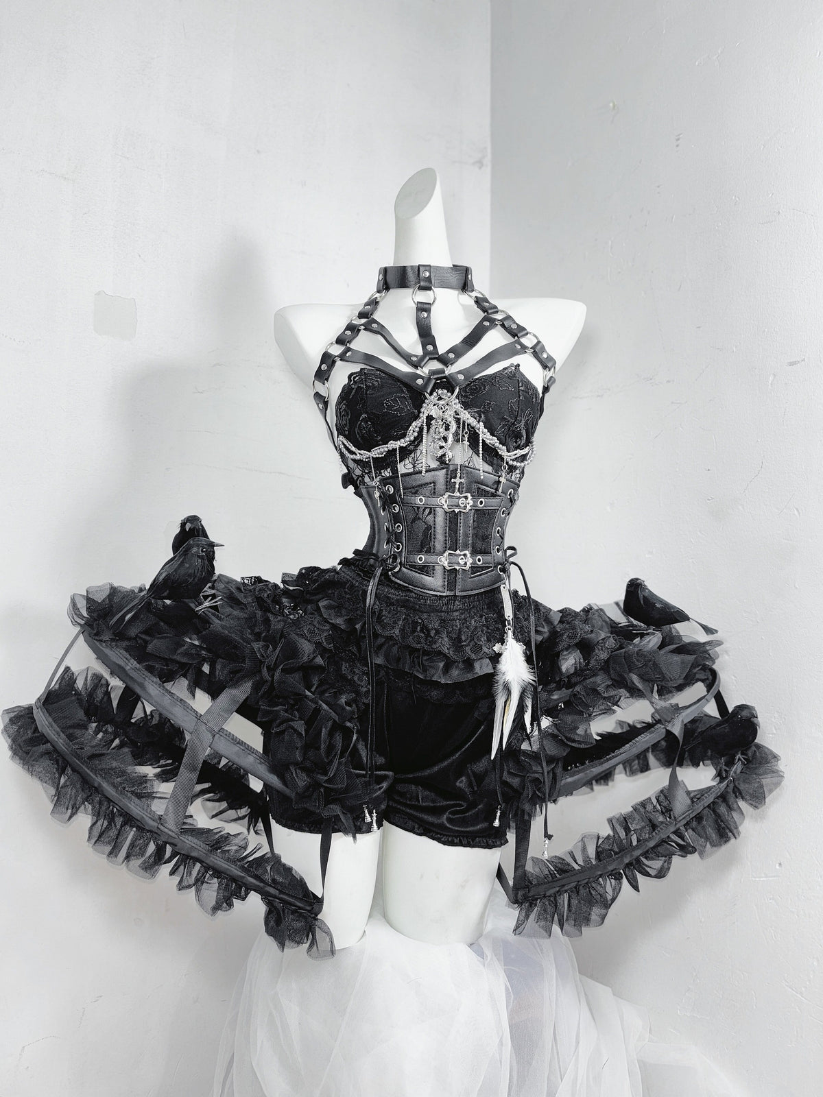 Fallen Angel Dark Raven Poem Prison Gothic Corset & Birdcage Skirt Set
