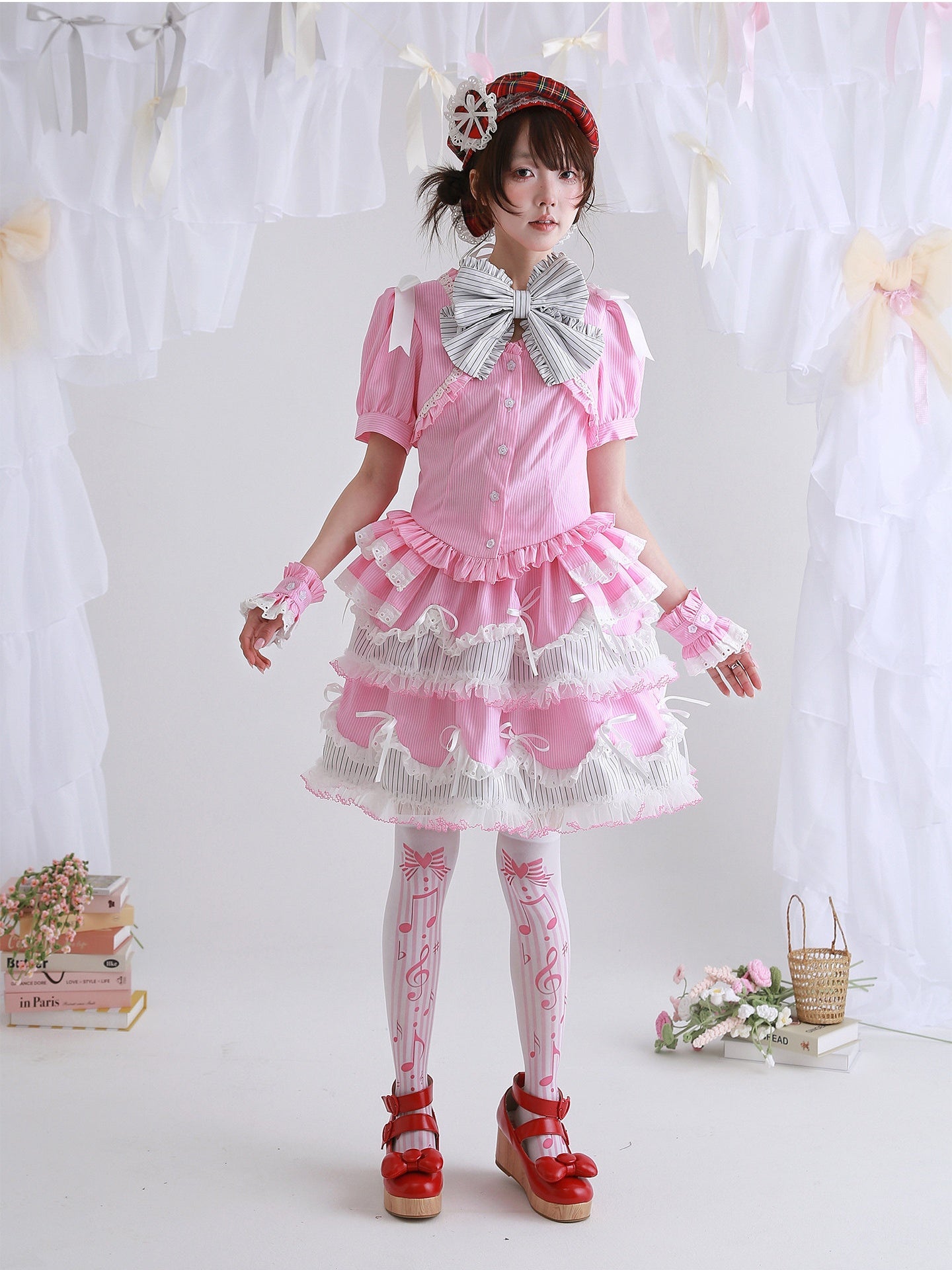 Candy Cottage Showa Retro Pink Striped Set