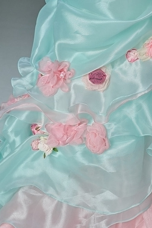 Bright Flower Sea Mint Green Pink Gradient 3D Floral Ballgown Formal Dress