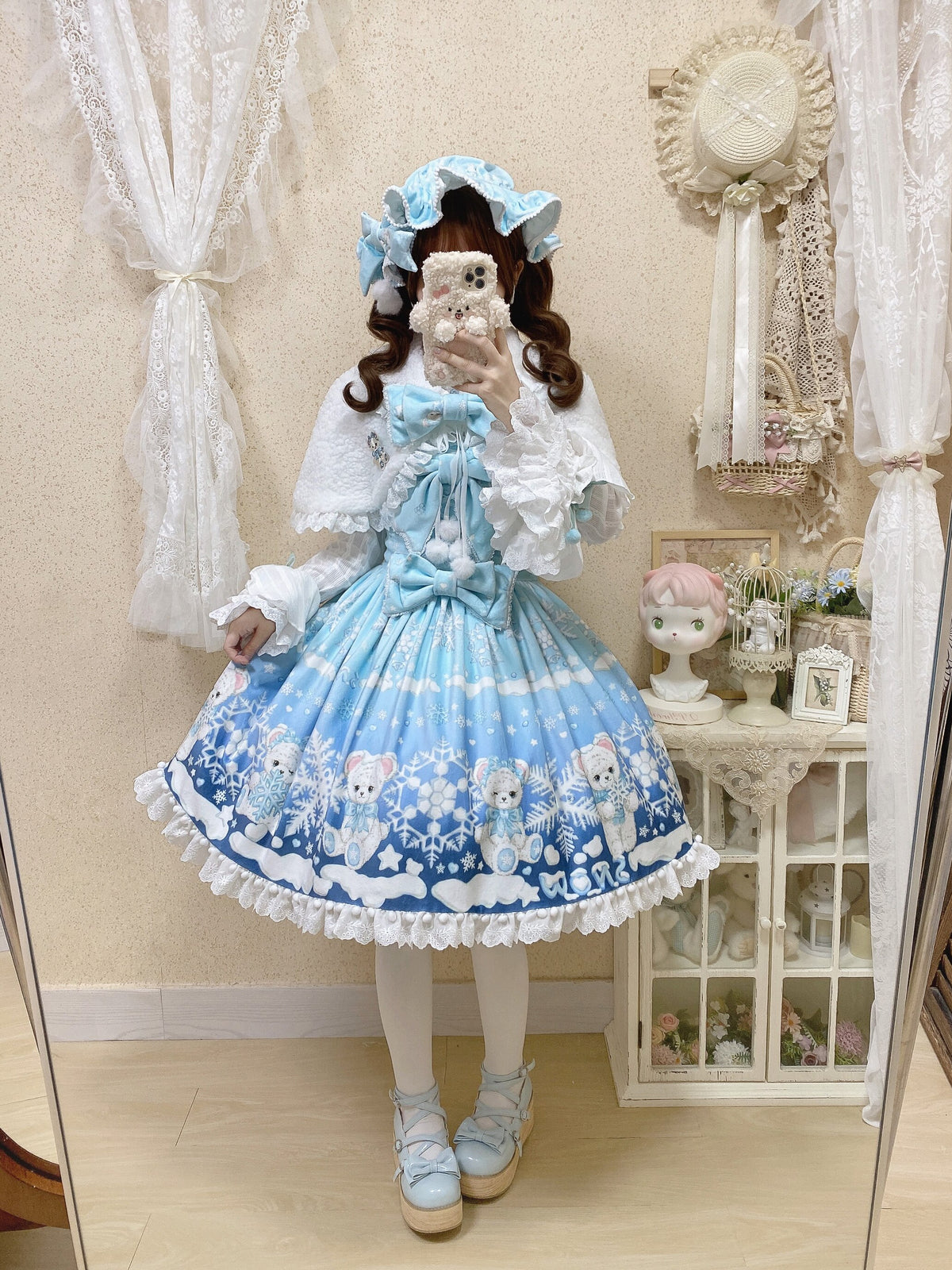 Snowflake Bear Blue Christmas Plush Lolita JSK Dress Set