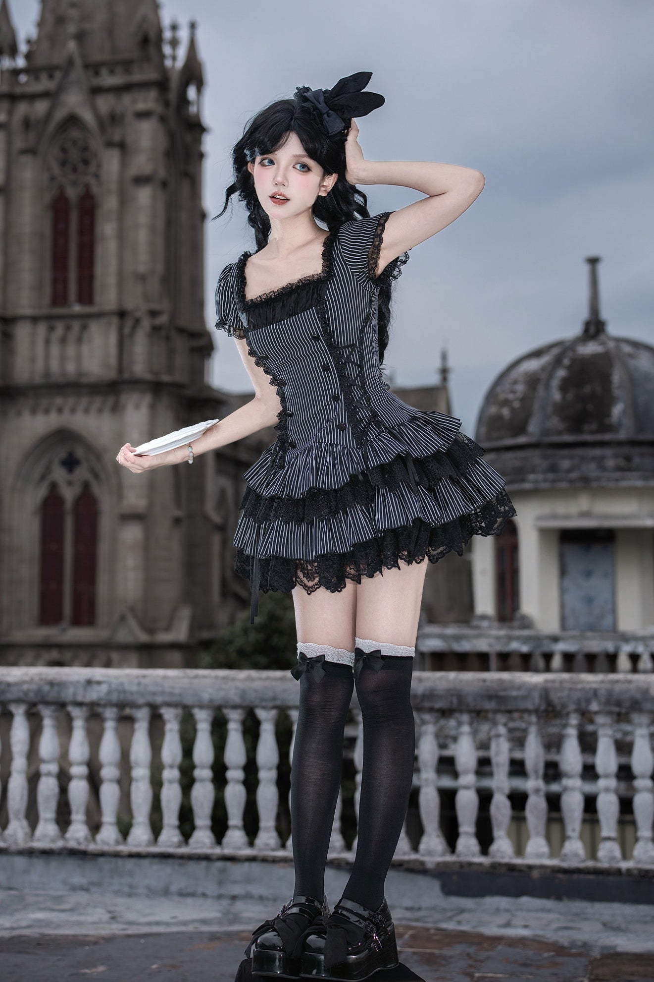 Gothic Sweet Maid Cross Stripe White Tiered Puff Mini OP Dress Twin Set
