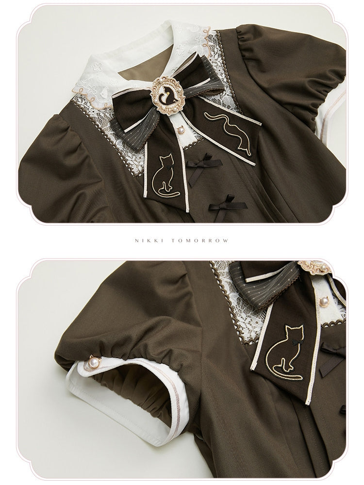 Refreshing Tea Party Lolita Cat Embroidered OP Dress