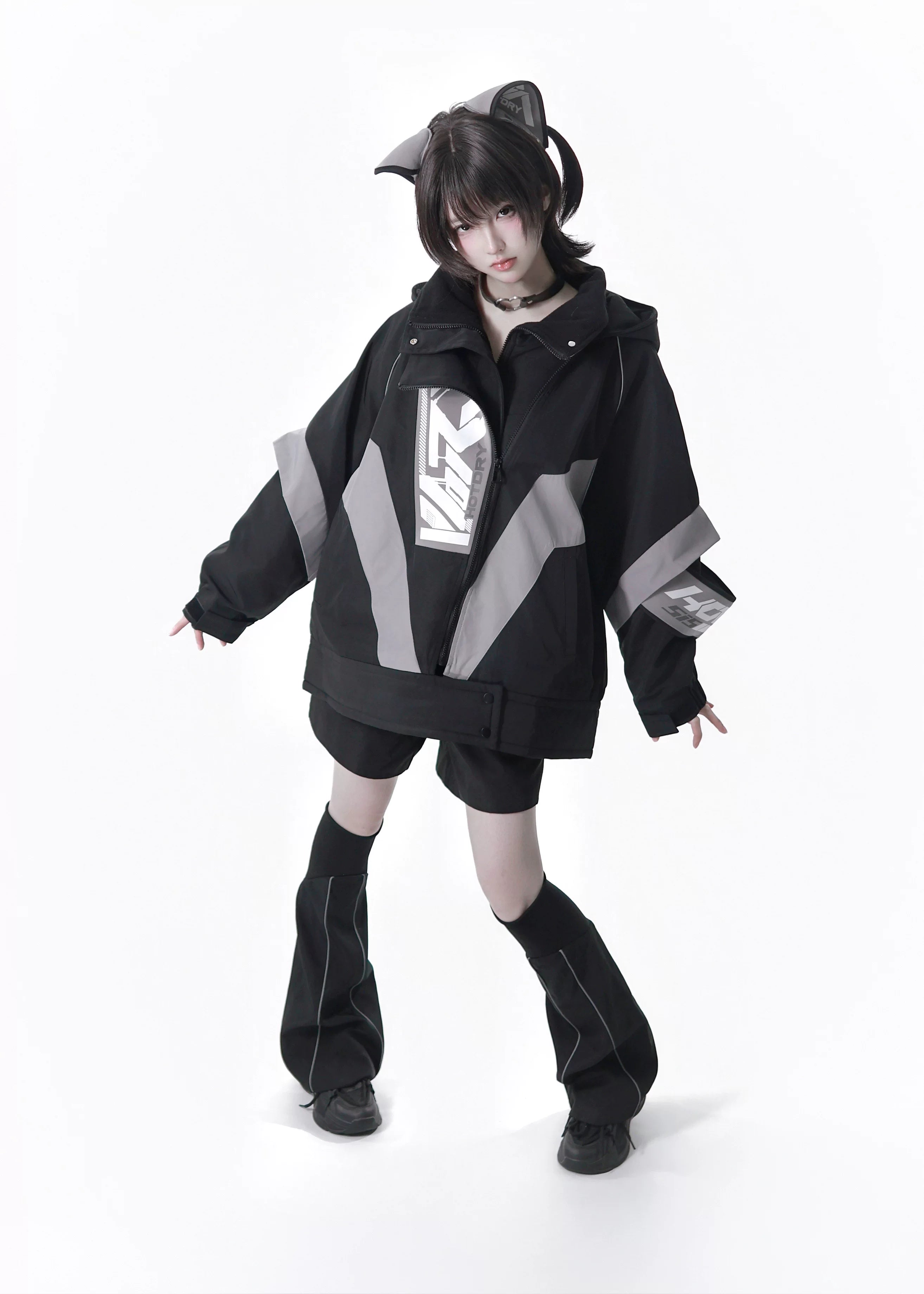 Dystopian Techwear Two-Piece Fleece-Lined Jacket and Shorts Set