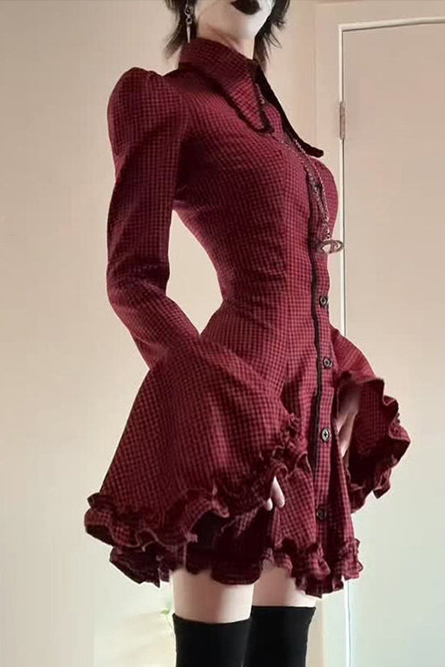 Gothic Dark Style Plaid Long Sleeve Dress
