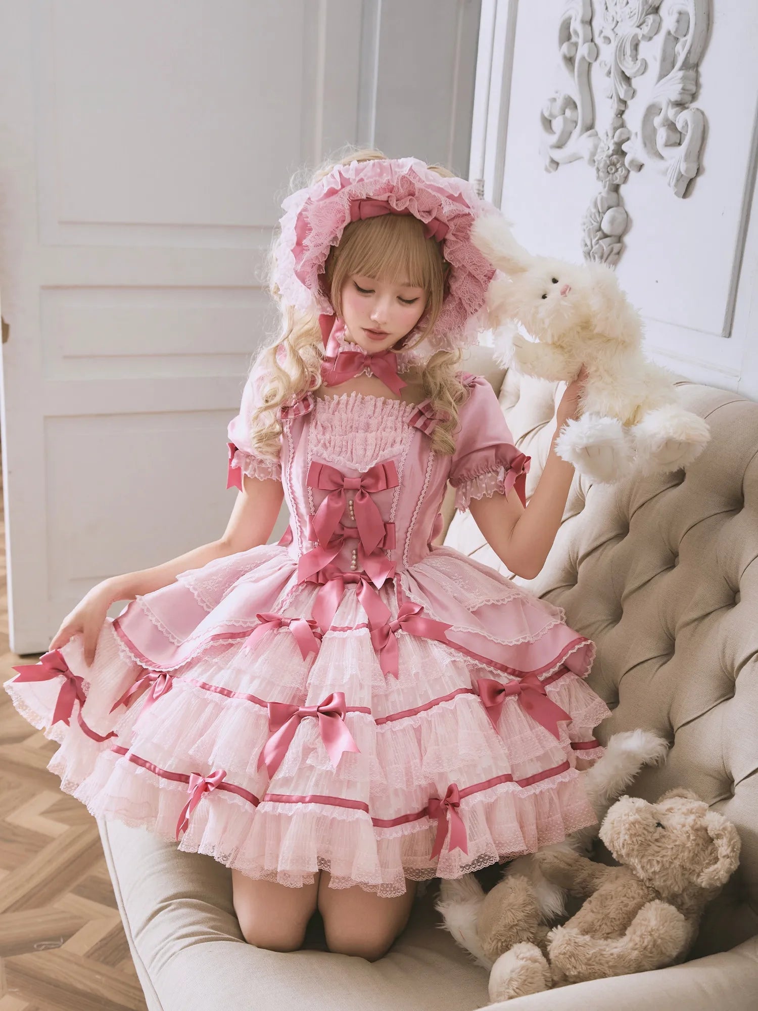 Velvet Cake Doll Pink Black Tiered Ruffle Classic Lolita JSK