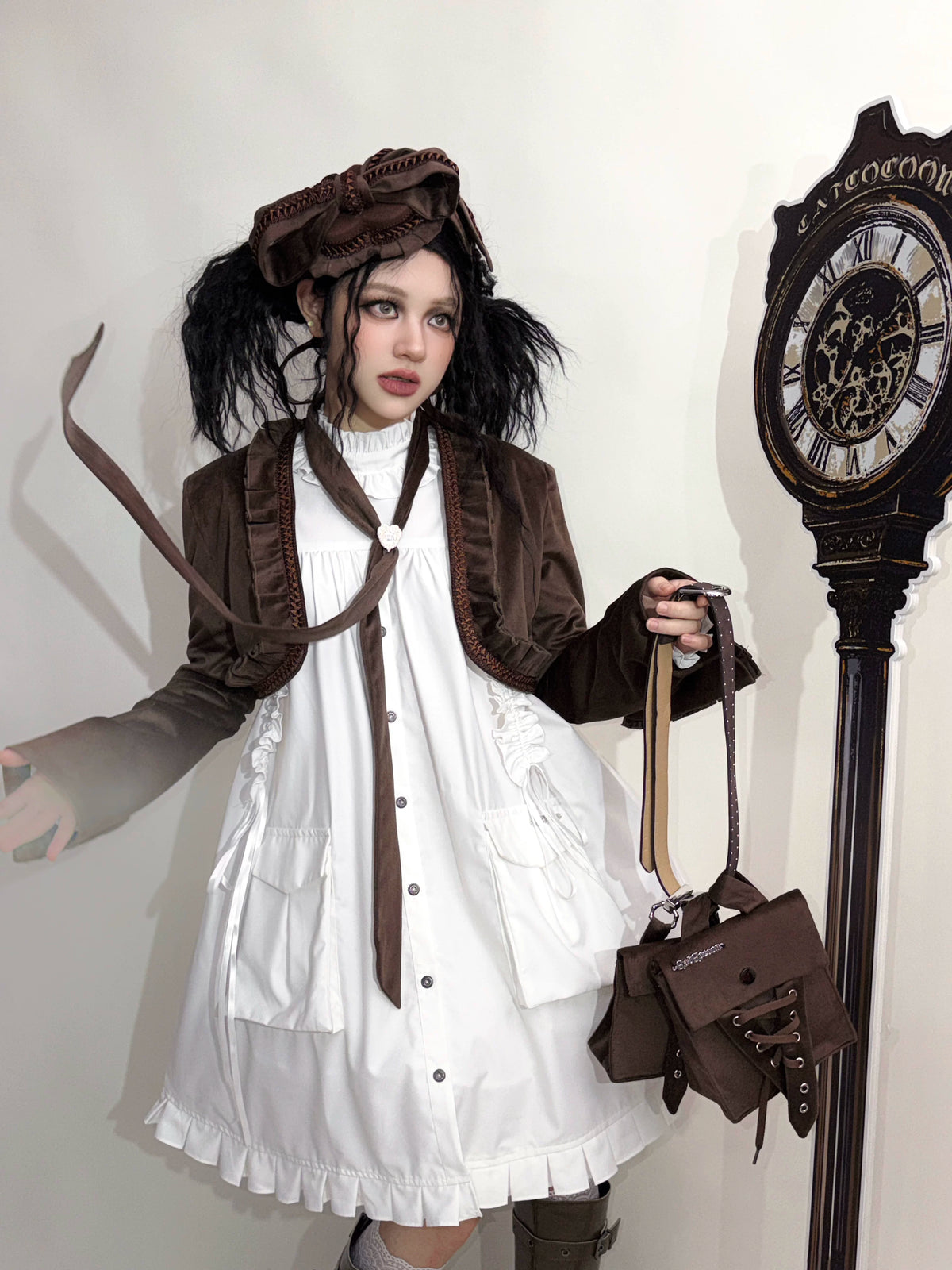 Cannoneer Lolita Steampunk Long Sleeve Brown OP Dress Set