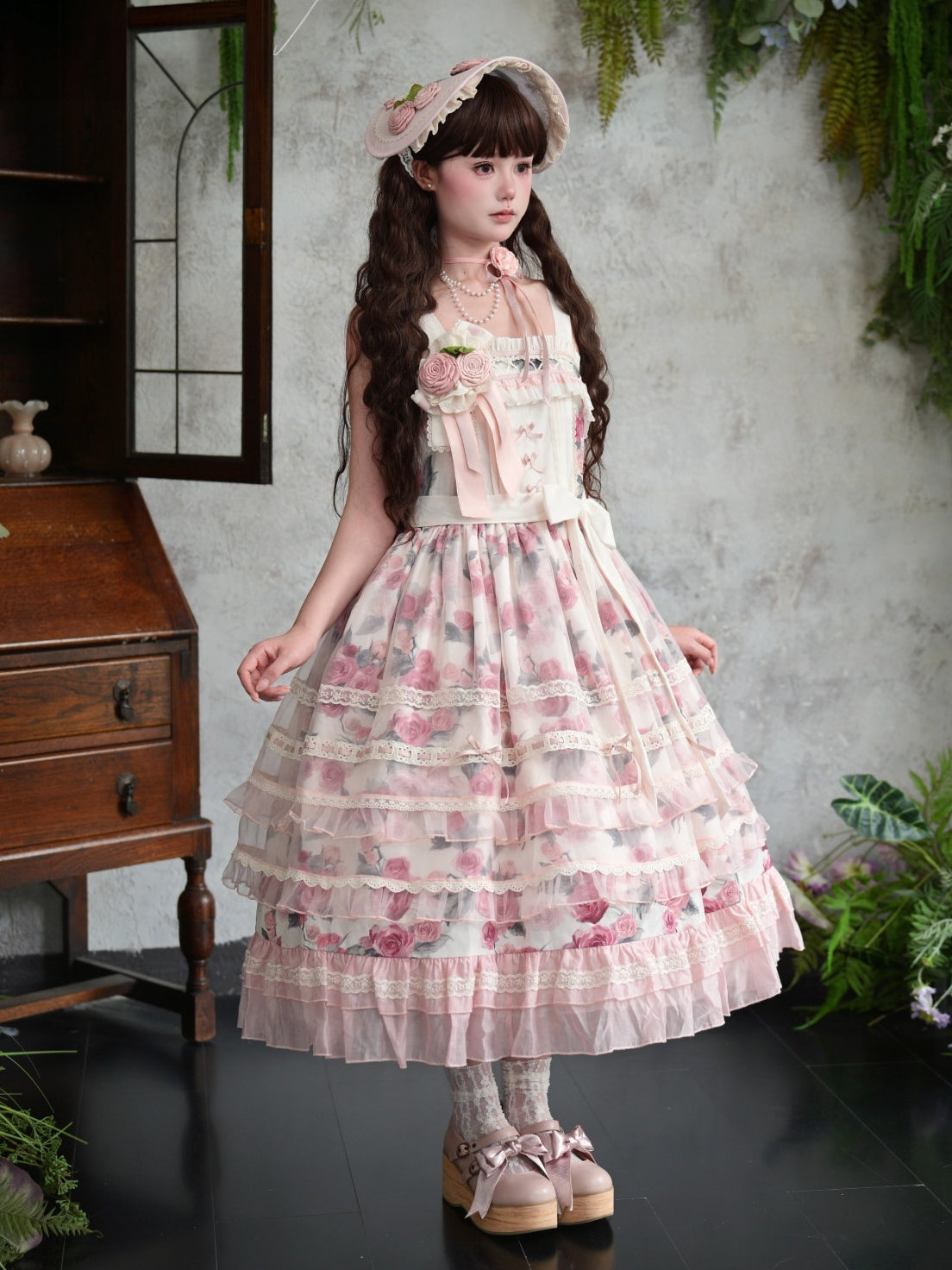 Chloris Rose Garden Classic Sweet Lolita OP JSK & Accessories Set