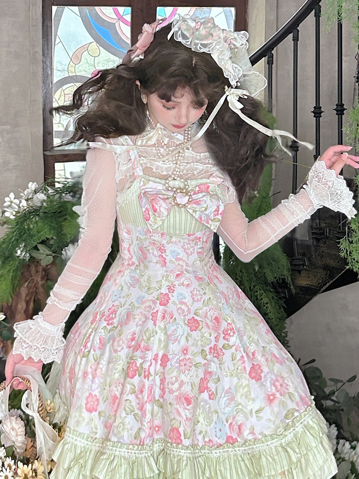 Rose Spring Romance Pink Green Floral Classic Lolita JSK Dress