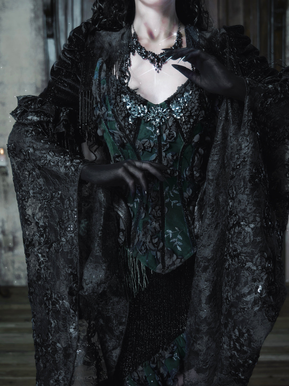 Sale at 20:00, Oct 20th. Emerald Night Gothic Halloween Imperial Green Boned Corset & Mermaid Skirt Set