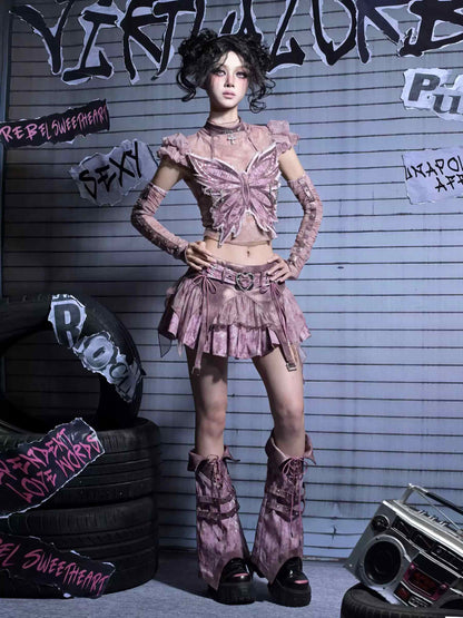Y2K Edgy Rivet Denim Set with Leg Harness LE1021