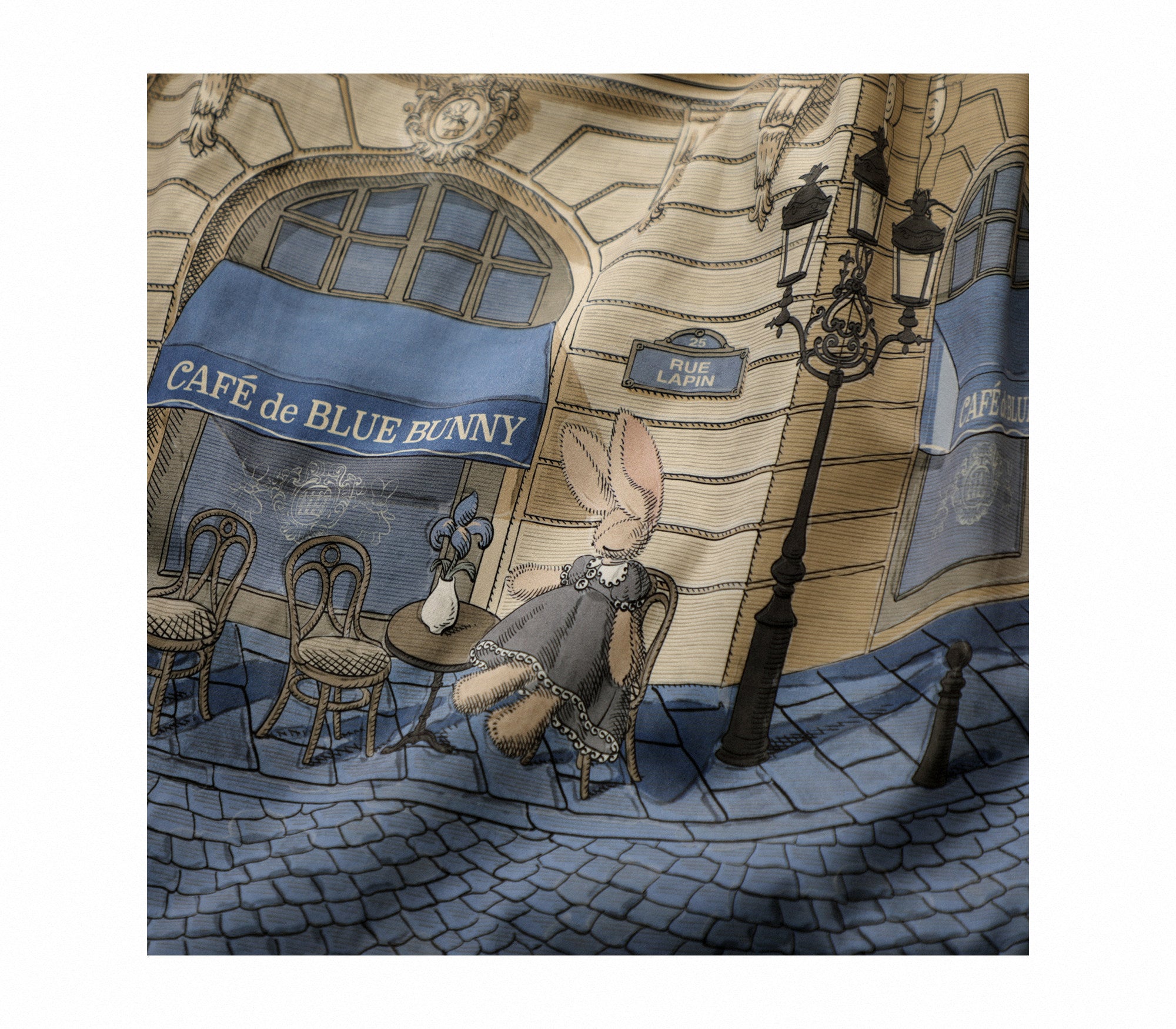 Blue Bunny Cafe Yellow Blue Vintage Architecture Print Classic Lolita Skirt