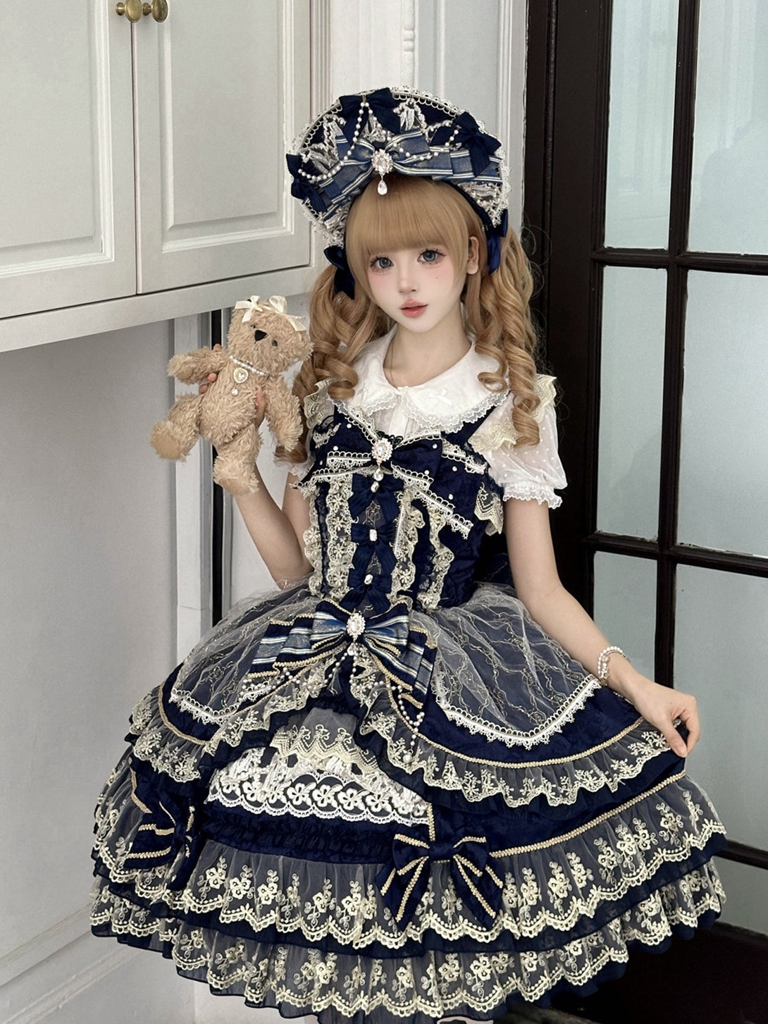 Crown of Gems Lolita Original Doll‑Like Strap JSK Blue Dress