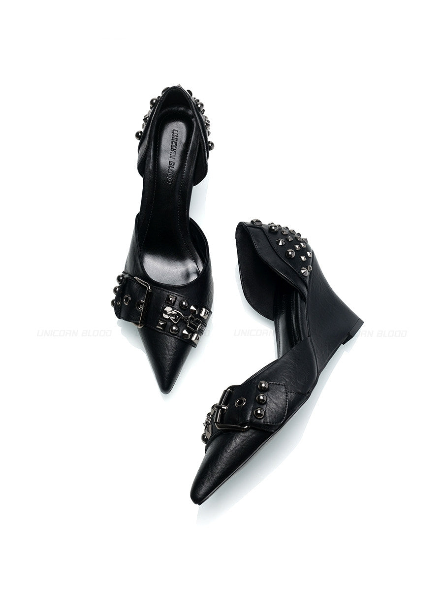 New Punk Style! Techwear Pointed‑Toe Rivet Cowhide High‑Heeled Shoes