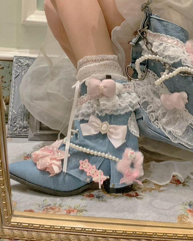 Lolita Bow Lace Denim Pointed Toe Ankle Boots LE5003