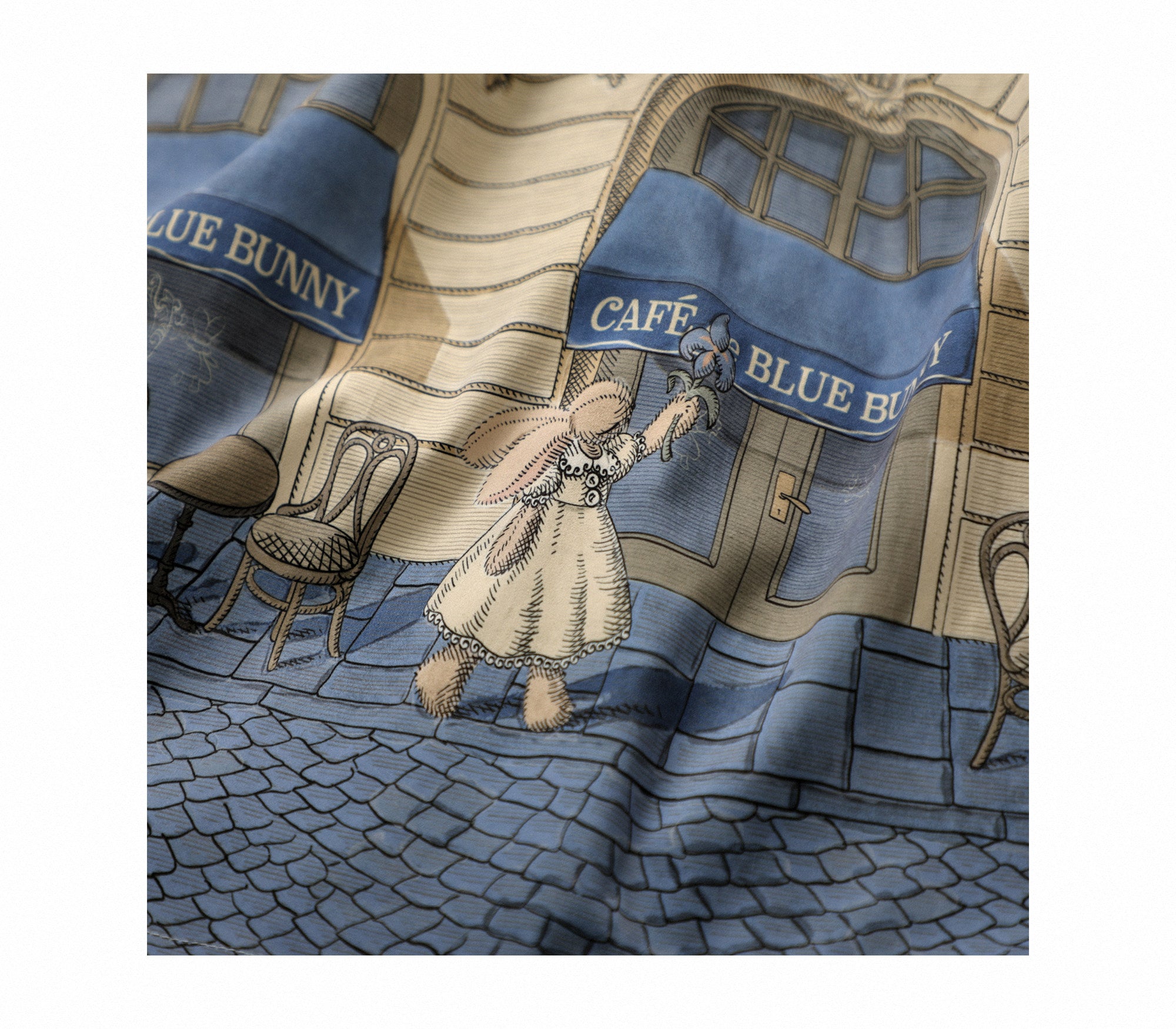 Blue Bunny Cafe Yellow Blue Vintage Architecture Print Classic Lolita Skirt