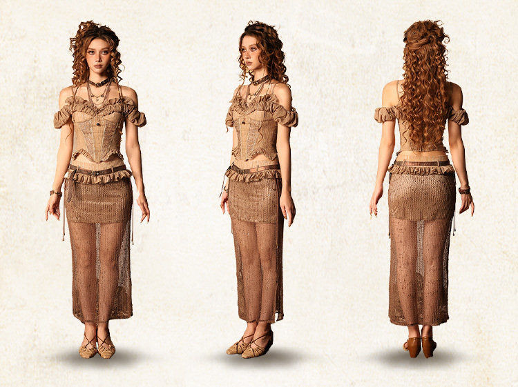 Wasteland Style Distressed Patchwork Sheer Mesh Low Waist Maxi Skirt