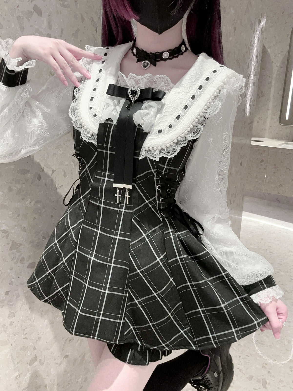 Heart Island Dreams Plaid Lace Long Sleeve Top & Shorts Set