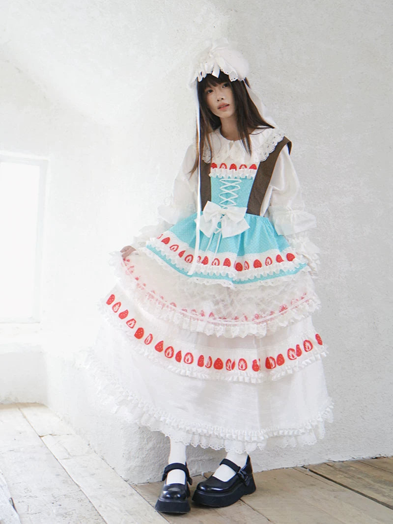 Strawberry Scent Cake Cross-section Print Lace Long Skirt