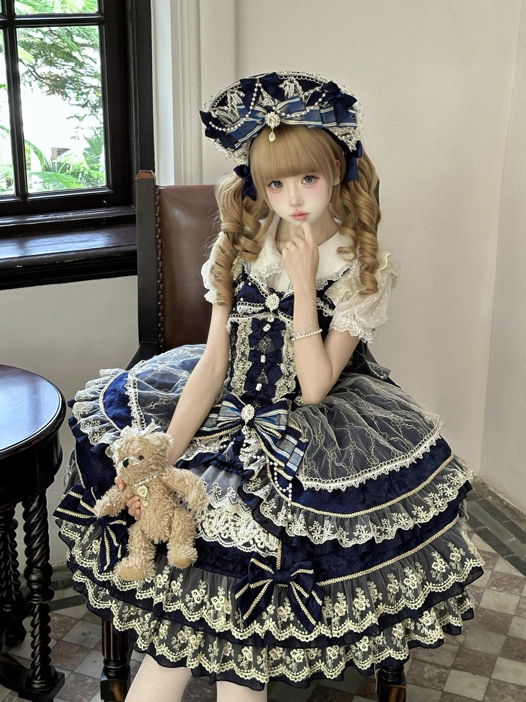 Crown of Gems Lolita Original Doll‑Like Strap JSK Blue Dress