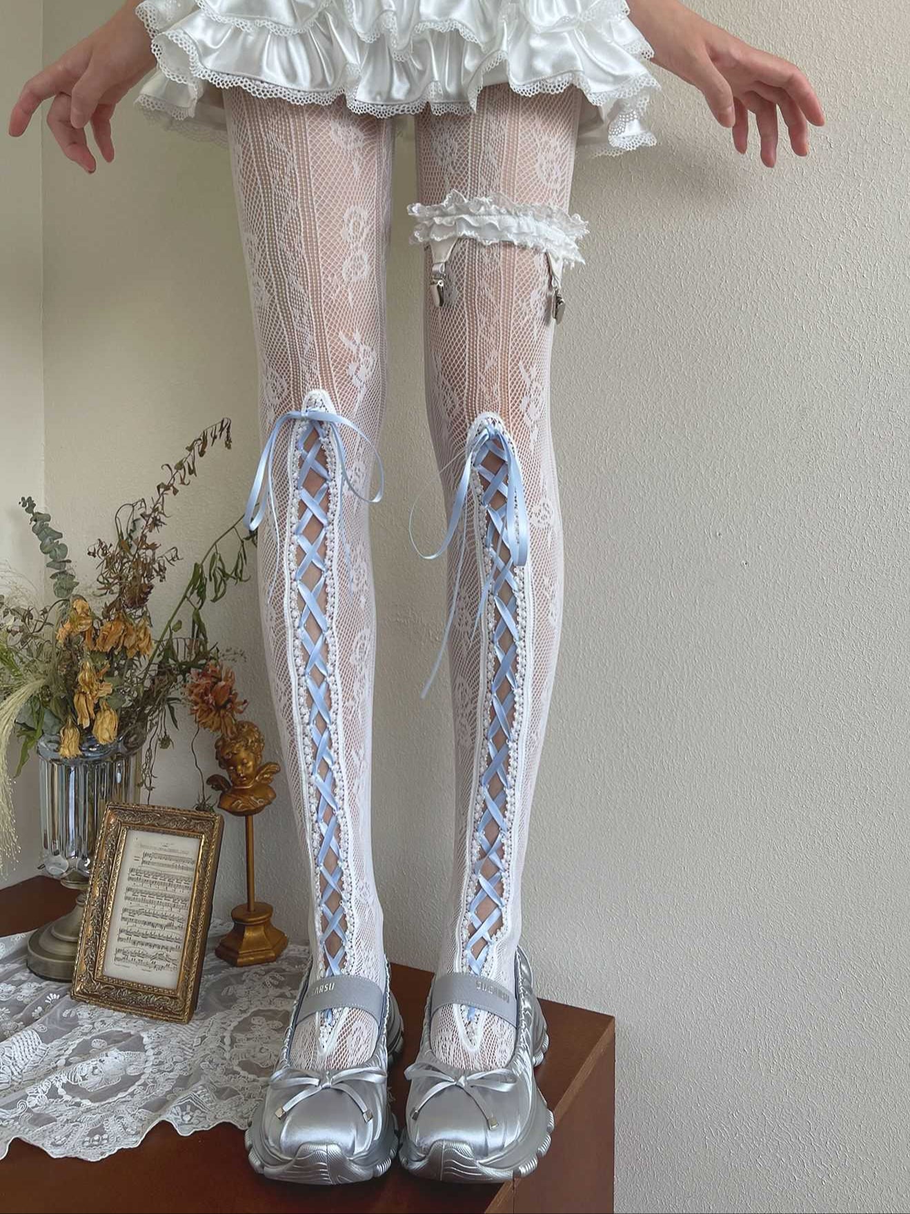 Lolita Blue Lace Ribbon Trim Long Socks  LE9012