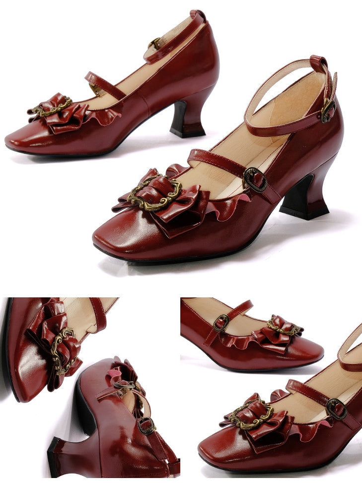 Frame Genuine‑Leather Bow Lace Goblet‑Heel Lolita Shoes