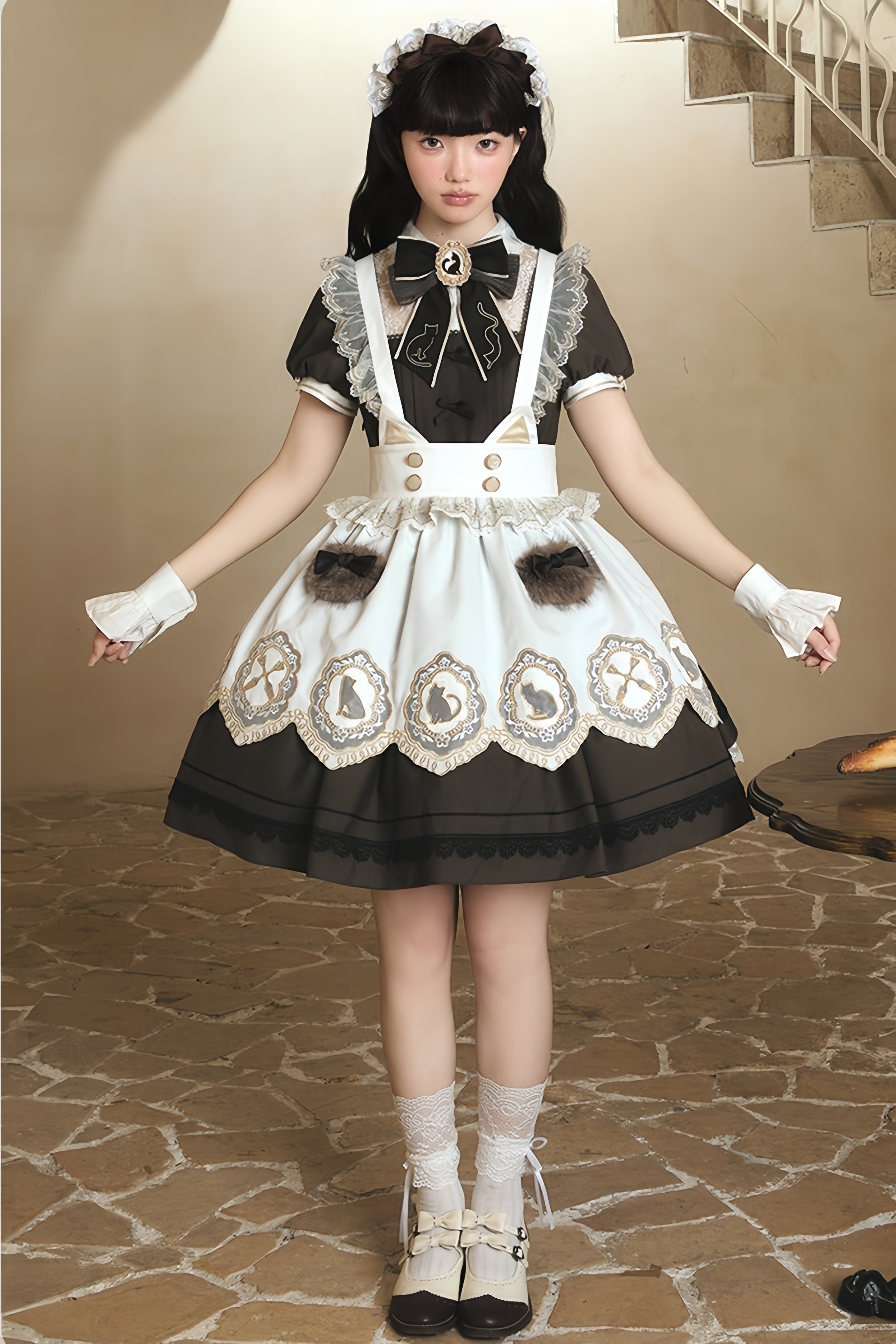 Refreshing Tea Party Lolita Cat Embroidered OP Dress