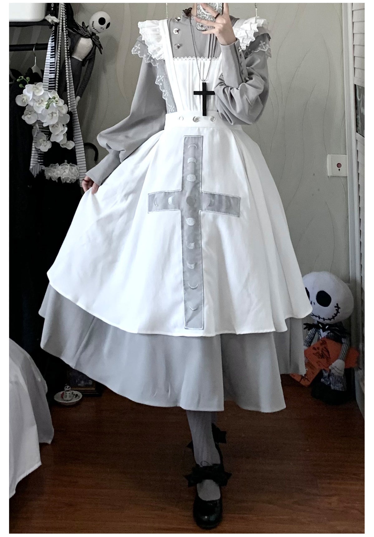 Moon Phase Lolita Gothic Lace High Collar Apron OP Dress