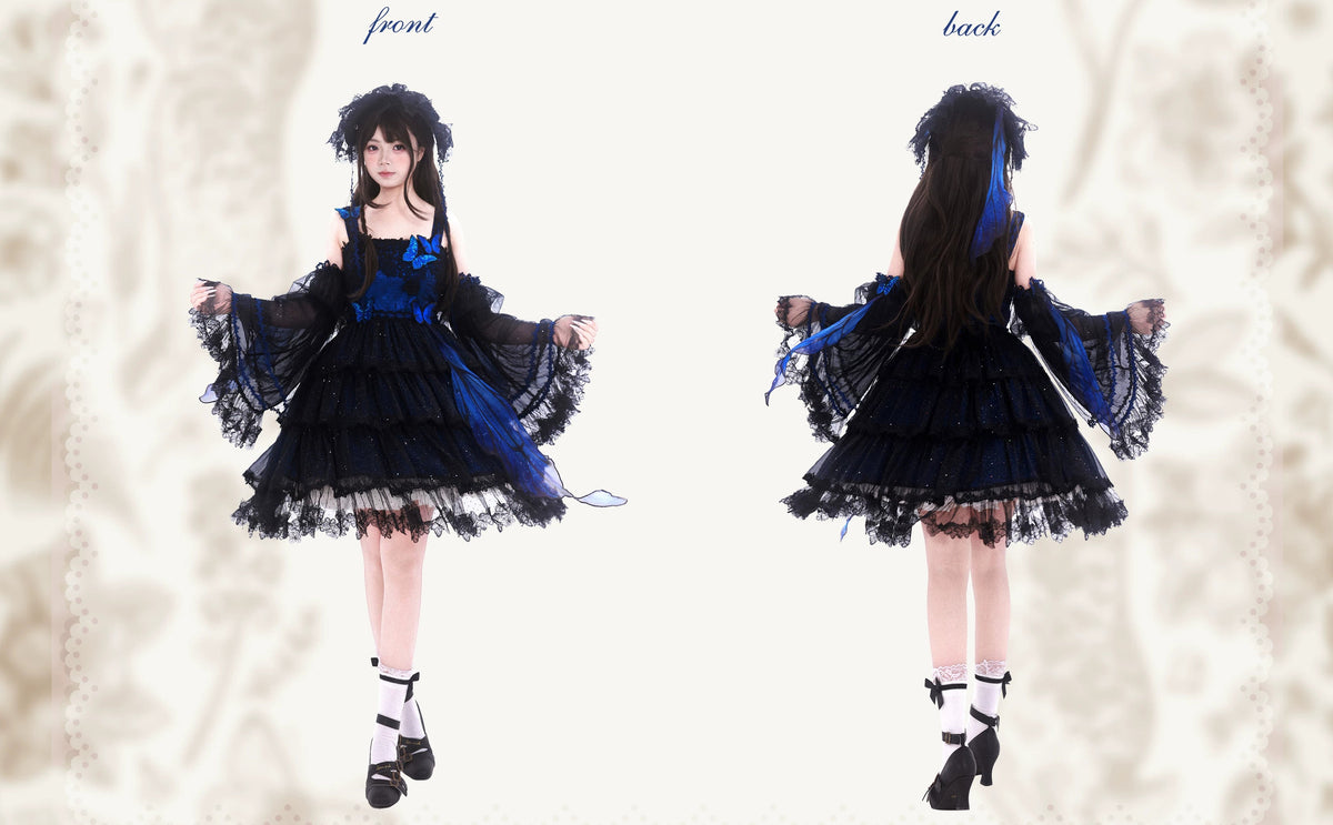 Shining Butterfly Lolita Dark Gothic Embroidered Blue Morpho JSK Set