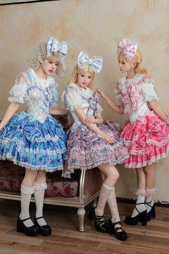 Sweet Fish Bone Print Ruffle Lolita JSK Dress