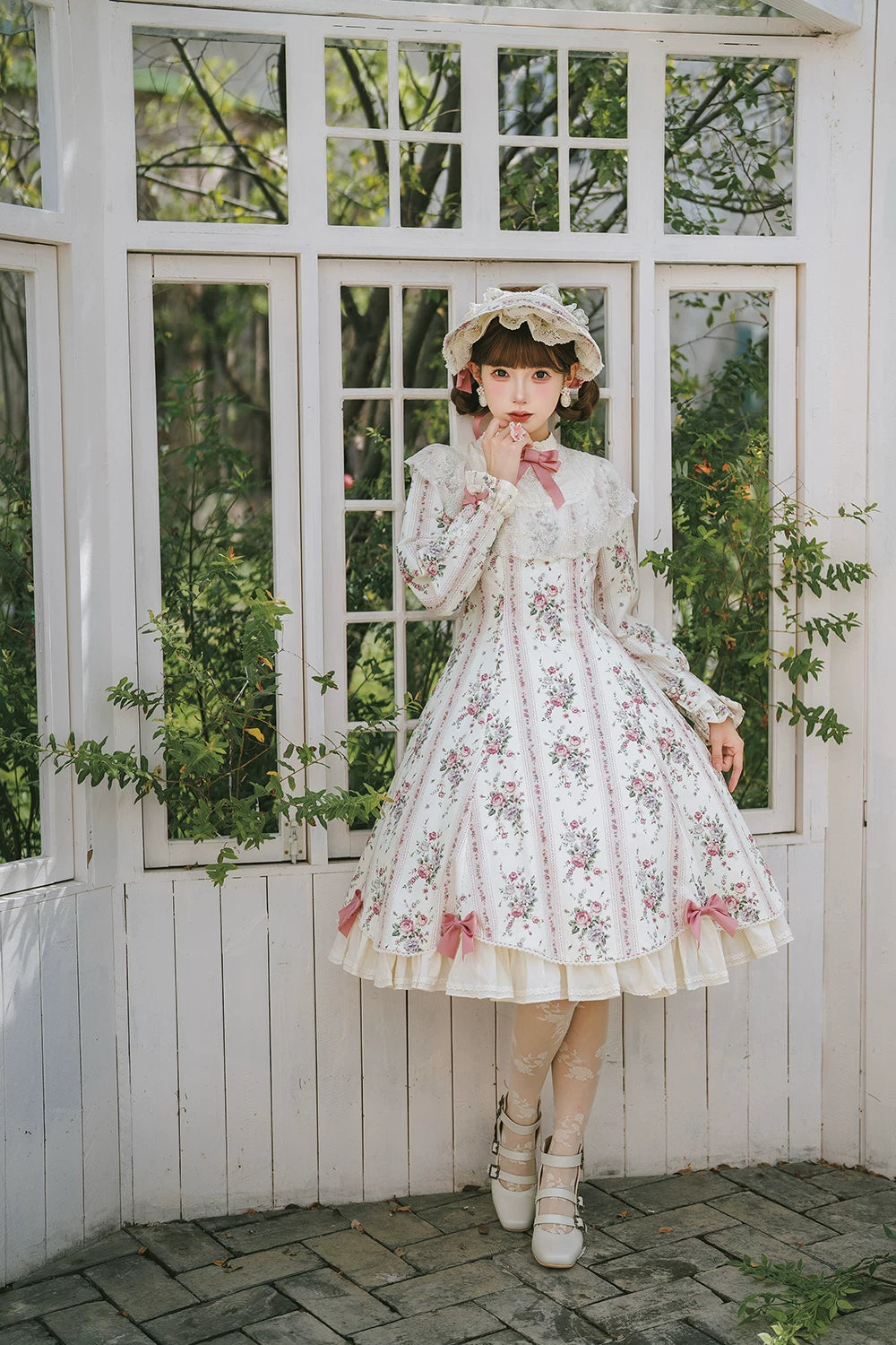 Susans Garden Pastel Floral Long Sleeve Lolita OP Dress Set