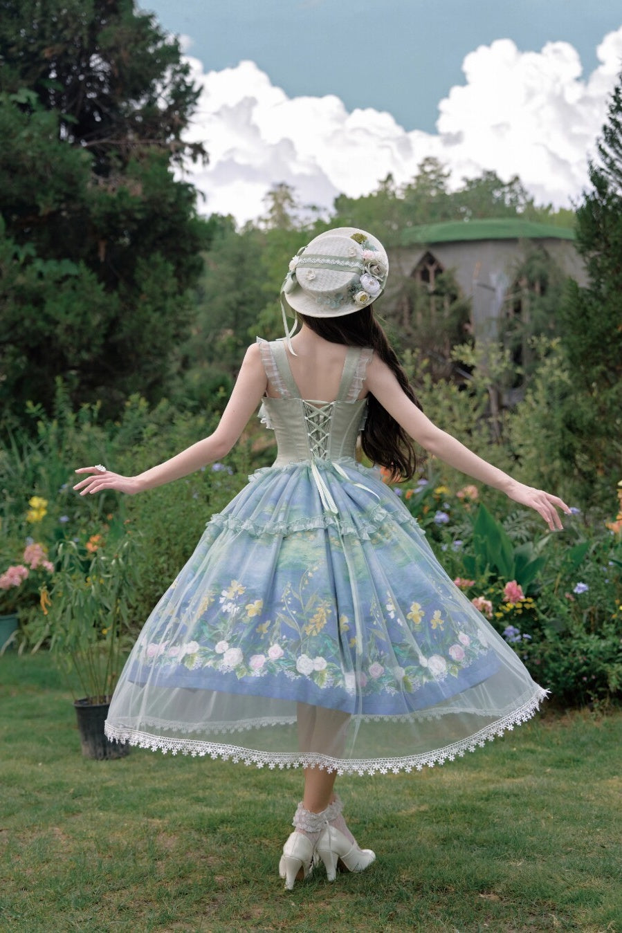 Violet‑Hued Lake Classic Oil‑Painting Printed Tulle Lolita JSK Dress