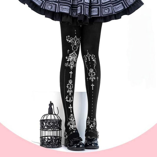 Lolita Gold Foil Cross Print Gothic Tights LE9015