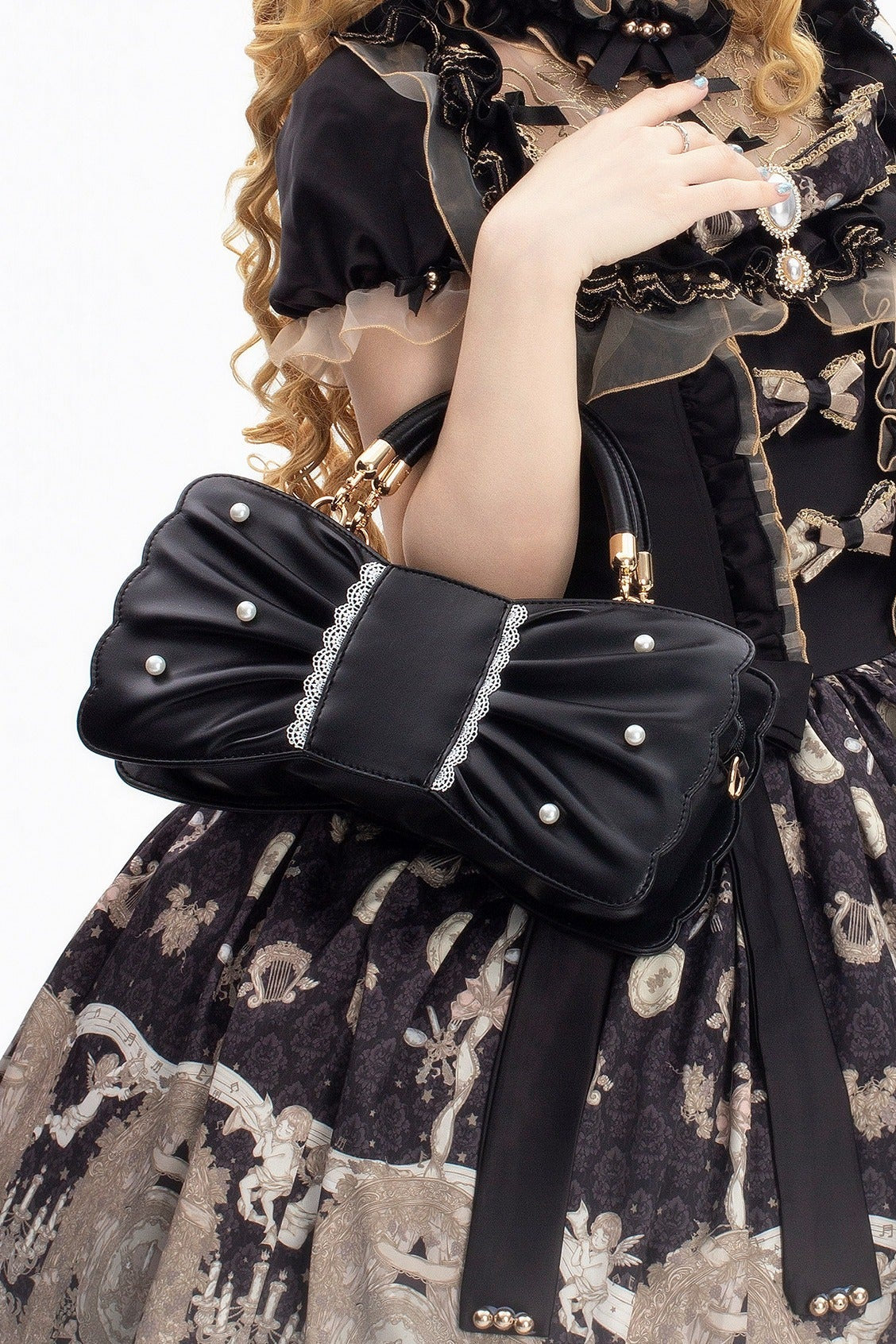 Pearl Bow Lace Trim Lolita Handbag