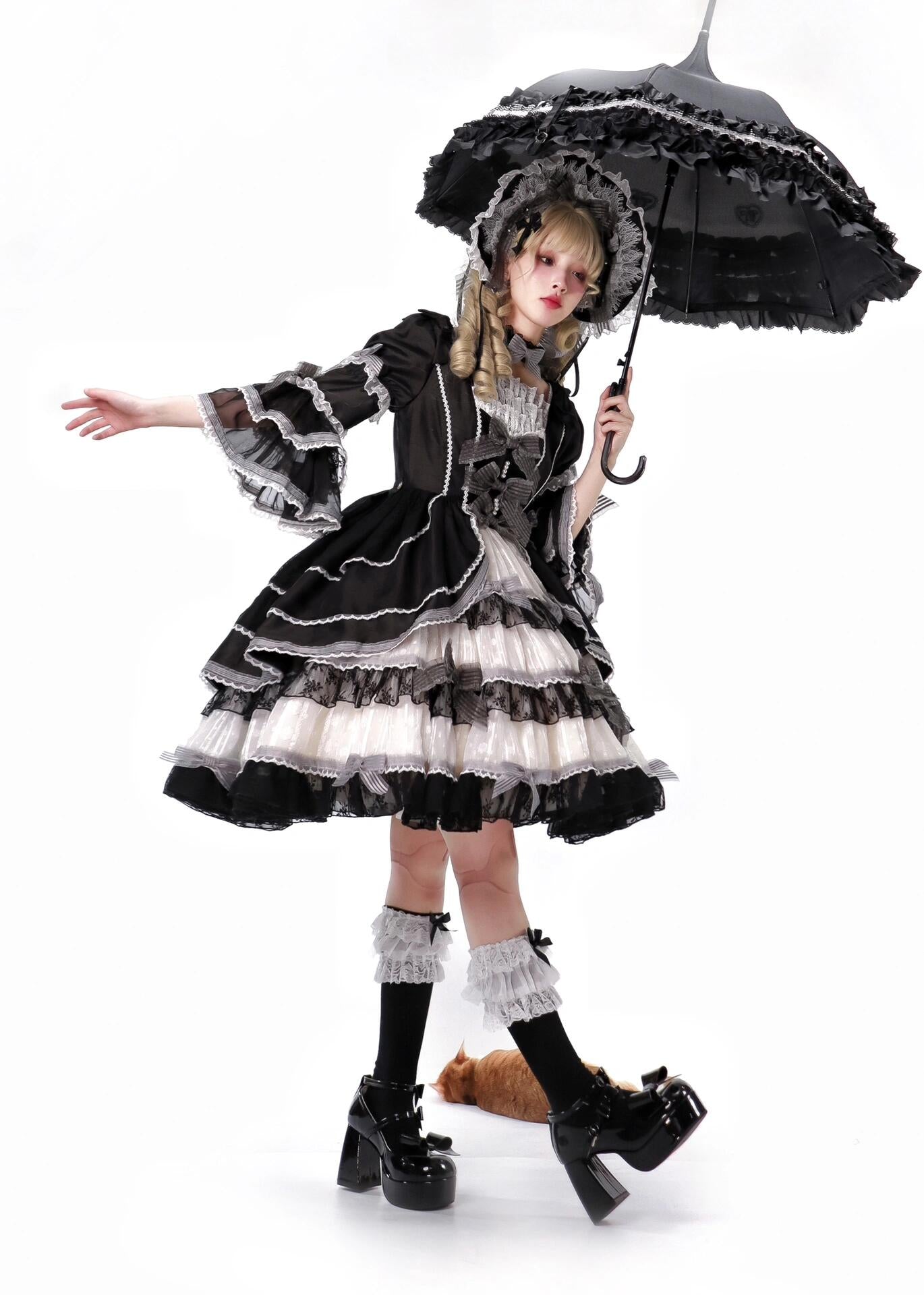 Velvet Cake Doll Pink Black Tiered Ruffle Classic Lolita JSK