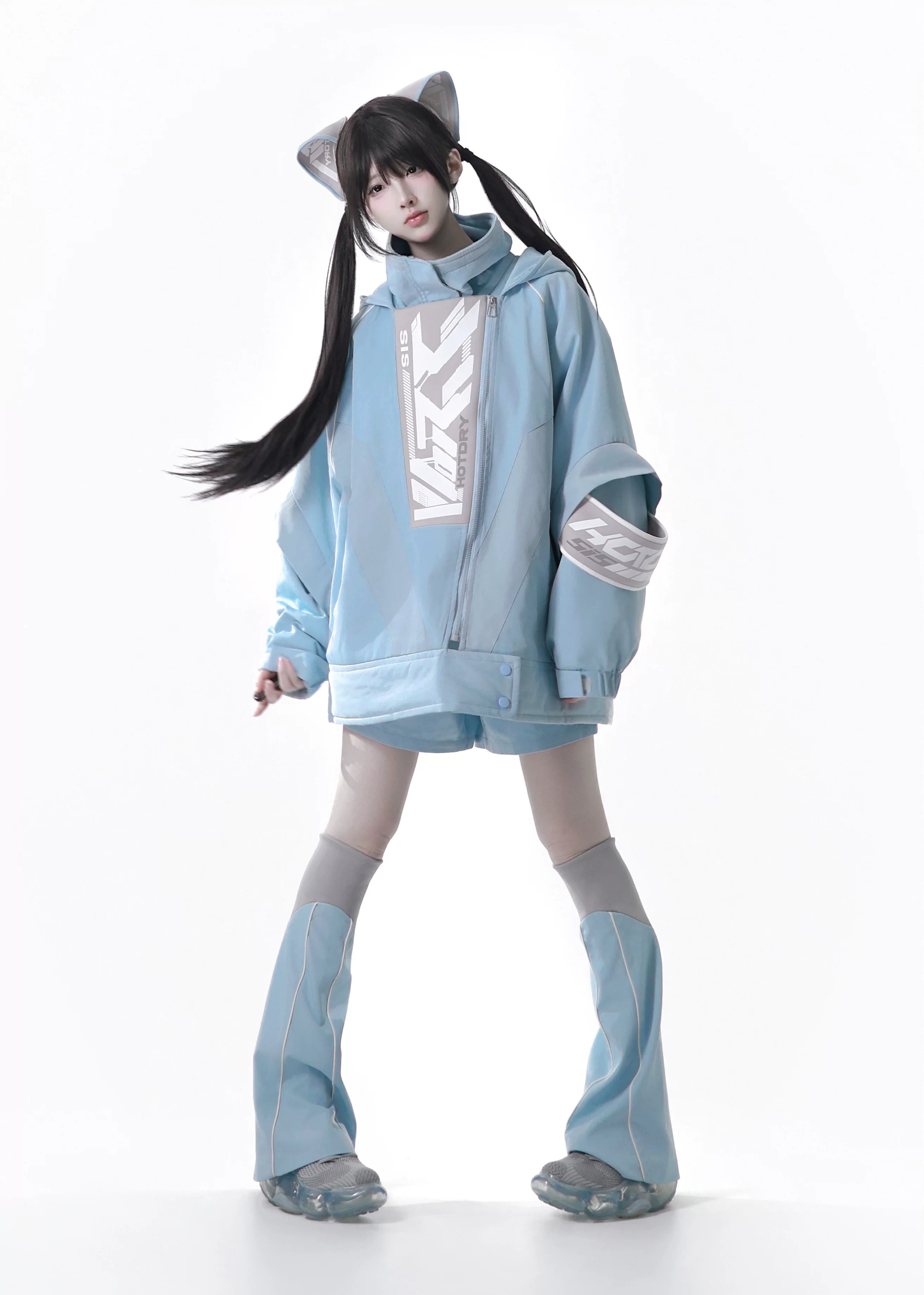 Dystopian Techwear Two-Piece Fleece-Lined Jacket and Shorts Set