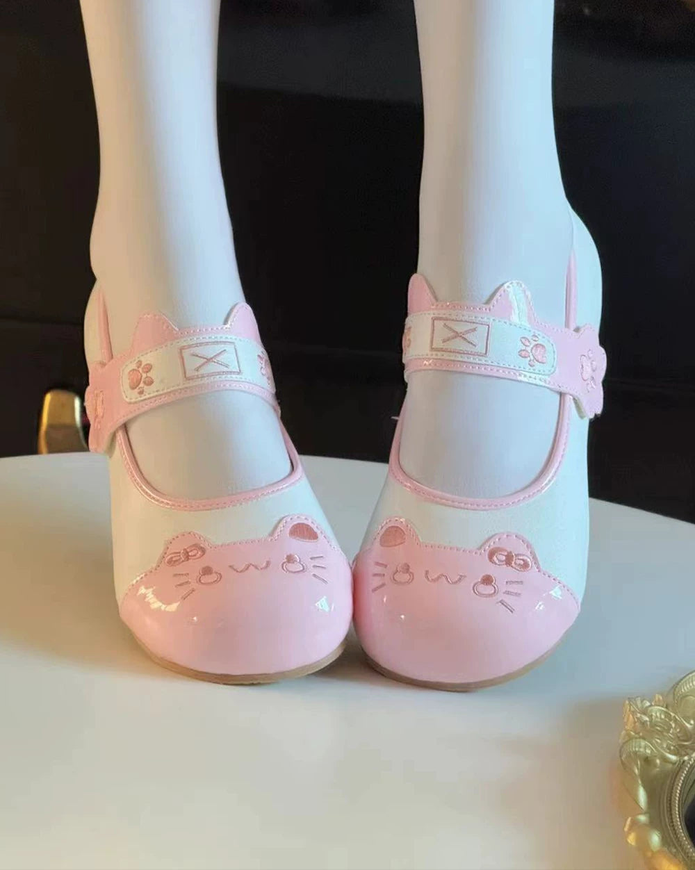 Sweet Lolita Cat Face Mary Jane Shoes with Paw Print Strap