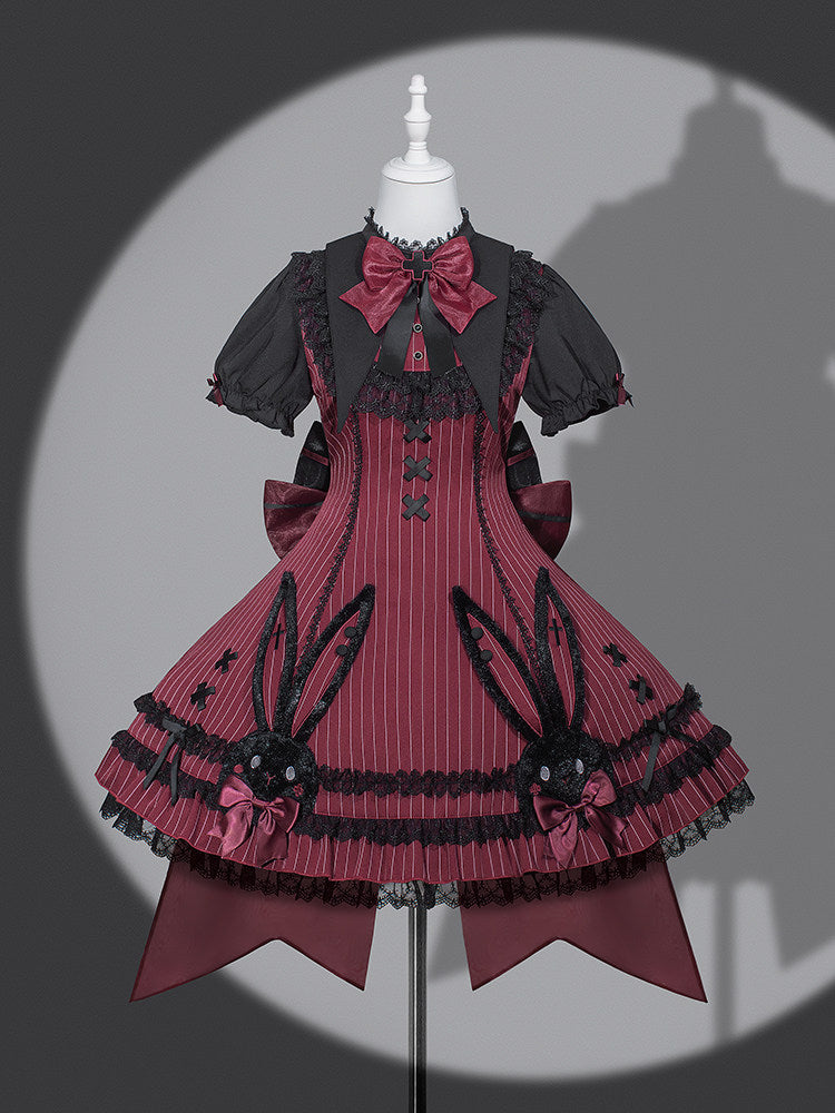 Dark Bunny Striped Gothic Lolita Dress with Rabbit Ear Hat and Tail